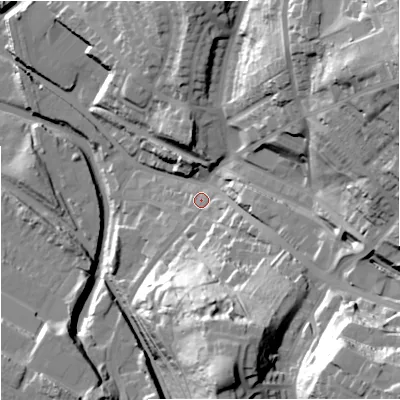 Shaded relief map of the ground around ST71AD, computed from Environment Agency LiDAR. The ground here sits at about 134 m above sea level and falls 57 m across the surrounding 800 m. Surface water reaching this point runs off ground lying to the south-east, 44.9 m higher.