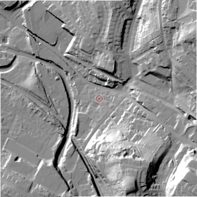 Shaded relief map of the ground around ST71BT, computed from Environment Agency LiDAR. The ground here sits at about 131 m above sea level and falls 55 m across the surrounding 800 m. Surface water reaching this point runs off ground lying to the south-south-east, 41.1 m higher.