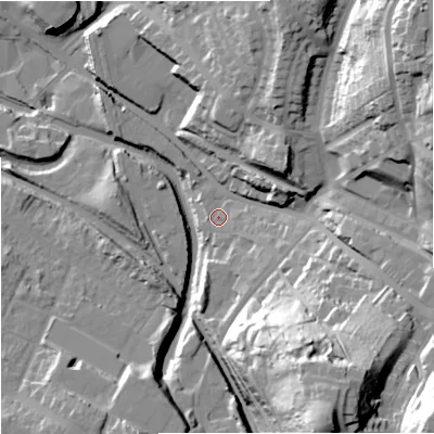 Shaded relief map of the ground around ST71BX, computed from Environment Agency LiDAR. The ground here sits at about 129 m above sea level and falls 52 m across the surrounding 800 m. Surface water reaching this point runs off ground lying to the east-south-east, 6.0 m higher.