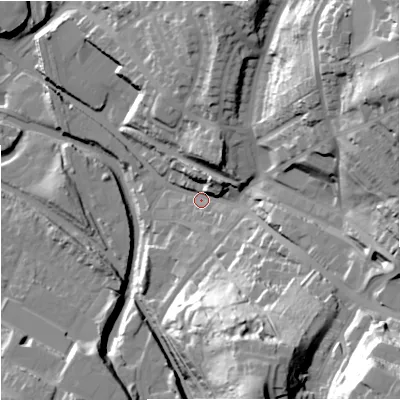 Shaded relief map of the ground around ST71EA, computed from Environment Agency LiDAR. The ground here sits at about 130 m above sea level and falls 55 m across the surrounding 800 m. Surface water reaching this point runs off ground lying to the east-north-east, 47.7 m higher.