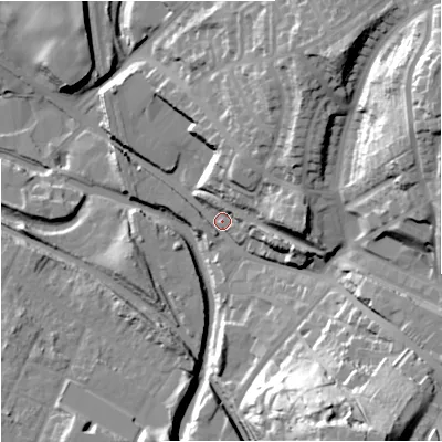 Shaded relief map of the ground around ST71EE, computed from Environment Agency LiDAR. The ground here sits at about 129 m above sea level and falls 47 m across the surrounding 800 m. Surface water reaching this point runs off ground lying to the east-north-east, 41.1 m higher.