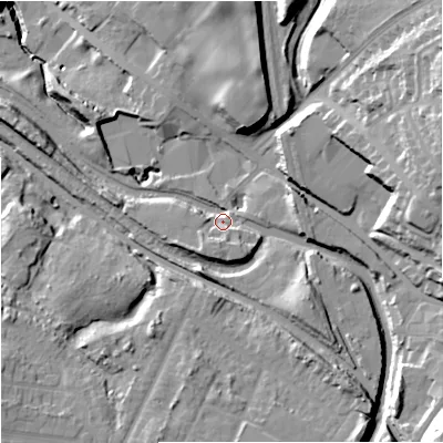 Shaded relief map of the ground around ST71EF, computed from Environment Agency LiDAR. The ground here sits at about 125 m above sea level and falls 34 m across the surrounding 800 m. Surface water reaching this point runs off ground lying to the south-east, 22.0 m higher.