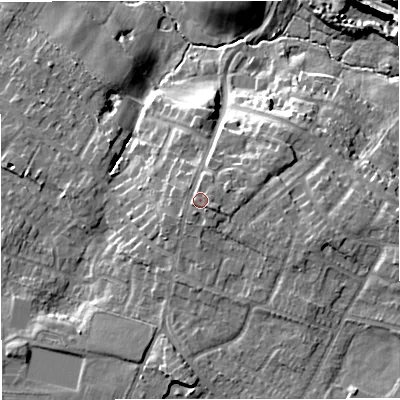 Shaded relief map of the ground around ST72AX, computed from Environment Agency LiDAR. The ground here sits at about 90 m above sea level and falls 18 m across the surrounding 800 m. Surface water reaching this point runs off ground lying to the south-east, 1.3 m higher.