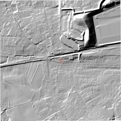 Shaded relief map of the ground around ST72PN, computed from Environment Agency LiDAR. The ground here sits at about 95 m above sea level and falls 27 m across the surrounding 800 m. Surface water reaching this point runs off ground lying to the north-east, 2.6 m higher.