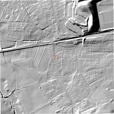 Shaded relief map of the ground around ST72QL, computed from Environment Agency LiDAR. The ground here sits at about 94 m above sea level and falls 28 m across the surrounding 800 m. Surface water reaching this point runs off ground lying to the south-east, 11.1 m higher.