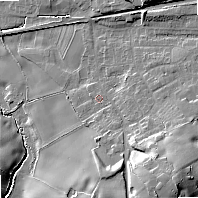 Shaded relief map of the ground around ST72QN, computed from Environment Agency LiDAR. The ground here sits at about 95 m above sea level and falls 23 m across the surrounding 800 m. Surface water reaching this point runs off ground lying to the south-west, 1.2 m higher.
