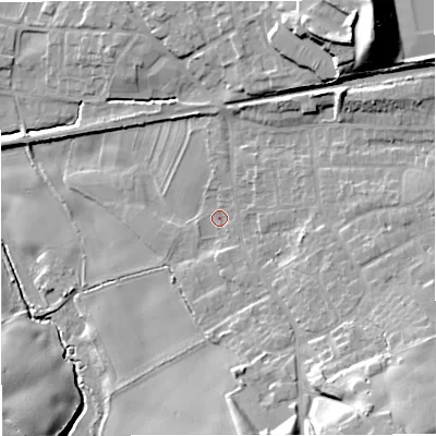 Shaded relief map of the ground around ST72QS, computed from Environment Agency LiDAR. The ground here sits at about 94 m above sea level and falls 27 m across the surrounding 800 m. Surface water reaching this point runs off ground lying to the north, 1.2 m higher.