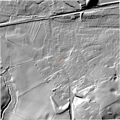 Shaded relief map of the ground around ST72QW, computed from Environment Agency LiDAR. The ground here sits at about 95 m above sea level and falls 23 m across the surrounding 800 m. Surface water reaching this point runs off ground lying to the south-east, 16.2 m higher.
