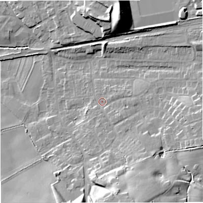 Shaded relief map of the ground around ST72QZ, computed from Environment Agency LiDAR. The ground here sits at about 96 m above sea level and falls 24 m across the surrounding 800 m. Surface water reaching this point runs off ground lying to the south-south-east, 14.0 m higher.
