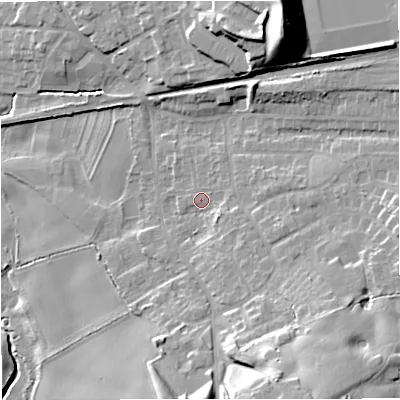 Shaded relief map of the ground around ST72RA, computed from Environment Agency LiDAR. The ground here sits at about 95 m above sea level and falls 25 m across the surrounding 800 m. Surface water reaching this point runs off ground lying to the south-east, 4.2 m higher.