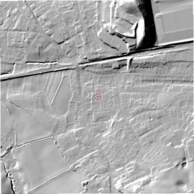 Shaded relief map of the ground around ST72RB, computed from Environment Agency LiDAR. The ground here sits at about 95 m above sea level and falls 27 m across the surrounding 800 m. Surface water reaching this point runs off ground lying to the south-east, 0.5 m higher.