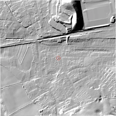 Shaded relief map of the ground around ST72RD, computed from Environment Agency LiDAR. The ground here sits at about 95 m above sea level and falls 26 m across the surrounding 800 m. Surface water reaching this point runs off ground lying to the south-south-east, 10.2 m higher.