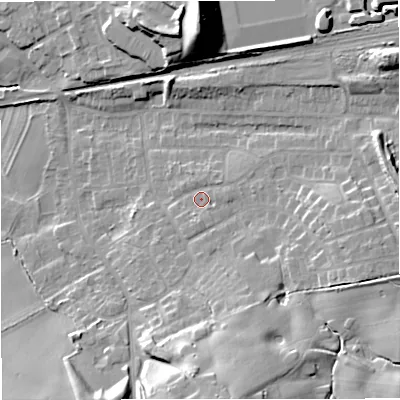 Shaded relief map of the ground around ST72RE, computed from Environment Agency LiDAR. The ground here sits at about 97 m above sea level and falls 23 m across the surrounding 800 m. Surface water reaching this point runs off ground lying to the south-south-east, 13.4 m higher.