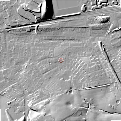 Shaded relief map of the ground around ST72RF, computed from Environment Agency LiDAR. The ground here sits at about 97 m above sea level and falls 22 m across the surrounding 800 m. Surface water reaching this point runs off ground lying to the east-north-east, 0.9 m higher.