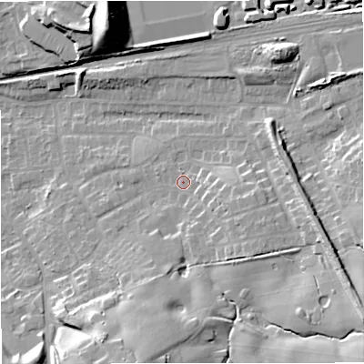 Shaded relief map of the ground around ST72RG, computed from Environment Agency LiDAR. The ground here sits at about 98 m above sea level and falls 21 m across the surrounding 800 m. Surface water reaching this point runs off ground lying to the east-south-east, 4.9 m higher.
