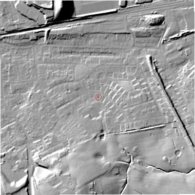 Shaded relief map of the ground around ST72RQ, computed from Environment Agency LiDAR. The ground here sits at about 98 m above sea level and falls 21 m across the surrounding 800 m. Surface water reaching this point runs off ground lying to the east-south-east, 5.9 m higher.