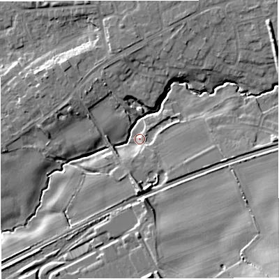Shaded relief map of the ground around ST72UB, computed from Environment Agency LiDAR. The ground here sits at about 84 m above sea level and falls 20 m across the surrounding 800 m. Surface water reaching this point runs off ground lying to the south-east, 17.3 m higher.