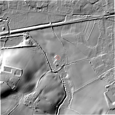Shaded relief map of the ground around ST72UH, computed from Environment Agency LiDAR. The ground here sits at about 92 m above sea level and falls 25 m across the surrounding 800 m. Surface water reaching this point runs off ground lying to the south-east, 2.6 m higher.