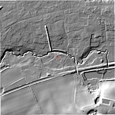 Shaded relief map of the ground around ST72WF, computed from Environment Agency LiDAR. The ground here sits at about 86 m above sea level and falls 29 m across the surrounding 800 m. Surface water reaching this point runs off ground lying to the south-south-east, 2.2 m higher.
