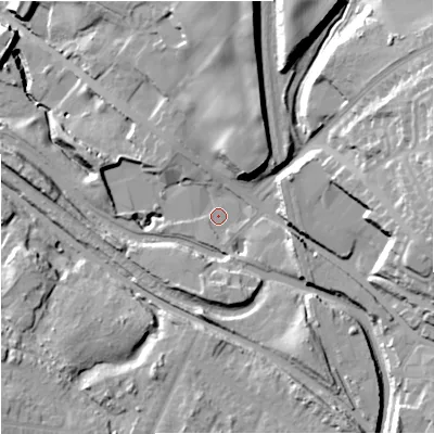 Shaded relief map of the ground around ST73AA, computed from Environment Agency LiDAR. The ground here sits at about 123 m above sea level and falls 33 m across the surrounding 800 m. Surface water reaching this point runs off ground lying to the east-north-east, 25.0 m higher.