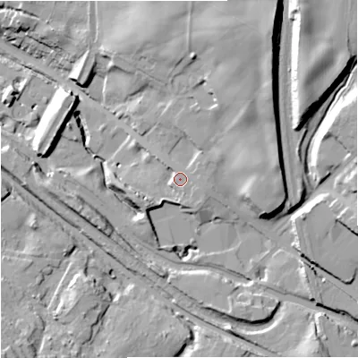 Shaded relief map of the ground around ST73AB, computed from Environment Agency LiDAR. The ground here sits at about 126 m above sea level and falls 32 m across the surrounding 800 m. Surface water reaching this point runs off ground lying to the east-south-east, 3.9 m higher.
