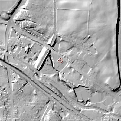 Shaded relief map of the ground around ST73AE, computed from Environment Agency LiDAR. The ground here sits at about 120 m above sea level and falls 34 m across the surrounding 800 m. Surface water reaching this point runs off ground lying to the east-north-east, 20.1 m higher.