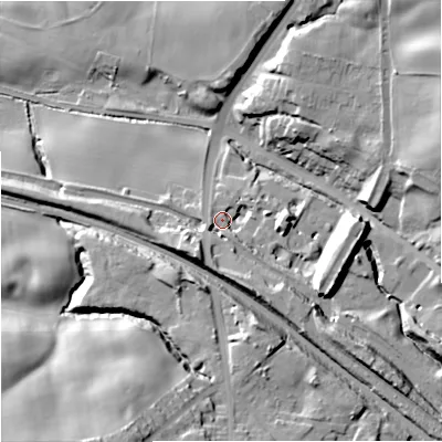 Shaded relief map of the ground around ST73AJ, computed from Environment Agency LiDAR. The ground here sits at about 117 m above sea level and falls 34 m across the surrounding 800 m. Surface water reaching this point runs off ground lying to the south-east, 16.7 m higher.