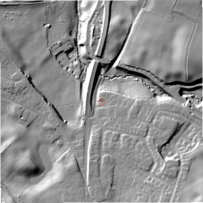 Shaded relief map of the ground around ST73EQ, computed from Environment Agency LiDAR. The ground here sits at about 91 m above sea level and falls 26 m across the surrounding 800 m. Surface water reaching this point runs off ground lying to the south-east, 19.9 m higher.