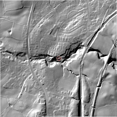 Shaded relief map of the ground around ST73HX, computed from Environment Agency LiDAR. The ground here sits at about 116 m above sea level and falls 37 m across the surrounding 800 m. Surface water reaching this point runs off ground lying to the east-south-east, 28.1 m higher.