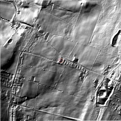 Shaded relief map of the ground around ST73NT, computed from Environment Agency LiDAR. The ground here sits at about 216 m above sea level and falls 134 m across the surrounding 800 m. Surface water reaching this point runs off ground lying to the east-south-east, 13.9 m higher.