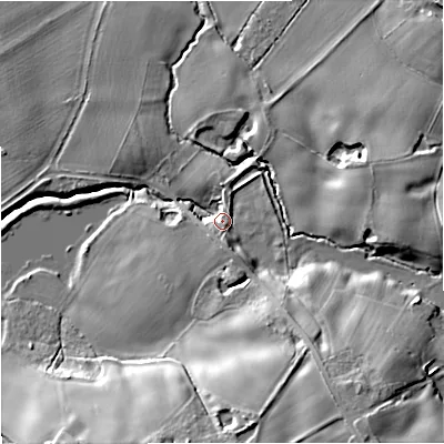 Shaded relief map of the ground around ST73QR, computed from Environment Agency LiDAR. The ground here sits at about 94 m above sea level and falls 22 m across the surrounding 800 m. Surface water reaching this point runs off ground lying to the south-south-east, 17.3 m higher.