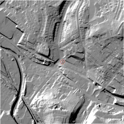 Shaded relief map of the ground around ST74AA, computed from Environment Agency LiDAR. The ground here sits at about 138 m above sea level and falls 66 m across the surrounding 800 m. Surface water reaching this point runs off ground lying to the east-north-east, 55.3 m higher.