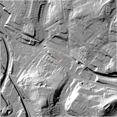 Shaded relief map of the ground around ST74EH, computed from Environment Agency LiDAR. The ground here sits at about 145 m above sea level and falls 72 m across the surrounding 800 m. Surface water reaching this point runs off ground lying to the north-east, 52.8 m higher.