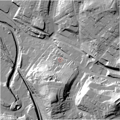 Shaded relief map of the ground around ST74EP, computed from Environment Agency LiDAR. The ground here sits at about 143 m above sea level and falls 66 m across the surrounding 800 m. Surface water reaching this point runs off ground lying to the south-east, 36.0 m higher.
