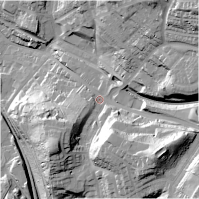 Shaded relief map of the ground around ST74EW, computed from Environment Agency LiDAR. The ground here sits at about 148 m above sea level and falls 68 m across the surrounding 800 m. Surface water reaching this point runs off ground lying to the north-east, 48.1 m higher.
