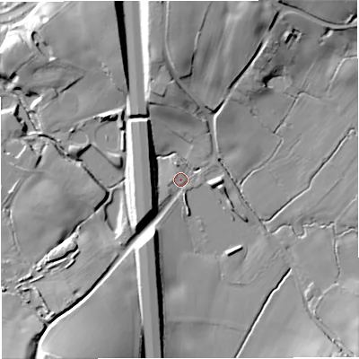 Shaded relief map of the ground around ST78DS, computed from Environment Agency LiDAR. The ground here sits at about 107 m above sea level and falls 35 m across the surrounding 800 m. Surface water reaching this point runs off ground lying to the south-west, 27.0 m higher.