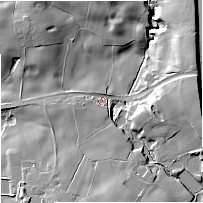 Shaded relief map of the ground around ST78DY, computed from Environment Agency LiDAR. The ground here sits at about 105 m above sea level and falls 23 m across the surrounding 800 m. Surface water reaching this point runs off ground lying to the south-south-east, 7.3 m higher.