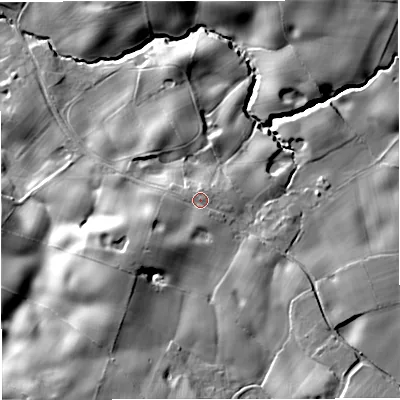Shaded relief map of the ground around ST78HP, computed from Environment Agency LiDAR. The ground here sits at about 110 m above sea level and falls 24 m across the surrounding 800 m. Surface water reaching this point runs off ground lying to the south-west, 7.6 m higher.