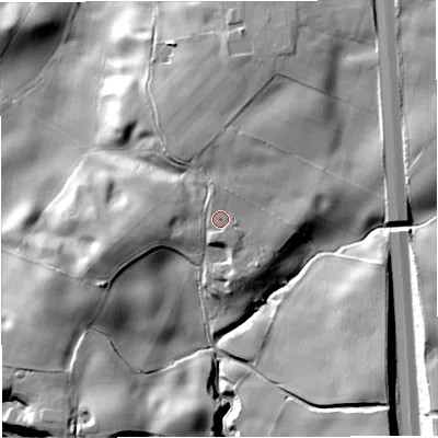 Shaded relief map of the ground around ST78HT, computed from Environment Agency LiDAR. The ground here sits at about 111 m above sea level and falls 31 m across the surrounding 800 m. Surface water reaching this point runs off ground lying to the north-north-west, 1.3 m higher.