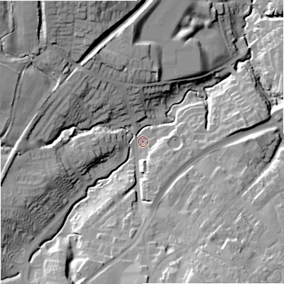 Shaded relief map of the ground around ST86BS, computed from Environment Agency LiDAR. The ground here sits at about 155 m above sea level and falls 32 m across the surrounding 800 m. Surface water reaching this point runs off ground lying to the south, 20.1 m higher.