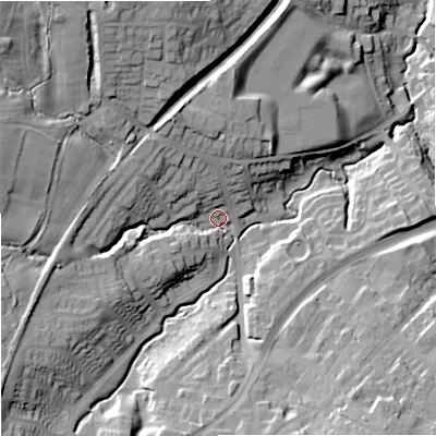 Shaded relief map of the ground around ST86BT, computed from Environment Agency LiDAR. The ground here sits at about 157 m above sea level and falls 34 m across the surrounding 800 m. Surface water reaching this point runs off ground lying to the west-north-west, 21.1 m higher.