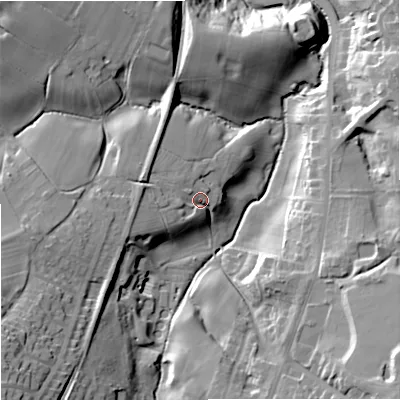 Shaded relief map of the ground around ST86QP, computed from Environment Agency LiDAR. The ground here sits at about 150 m above sea level and falls 38 m across the surrounding 800 m. Surface water reaching this point runs off ground lying to the west-south-west, 11.4 m higher.