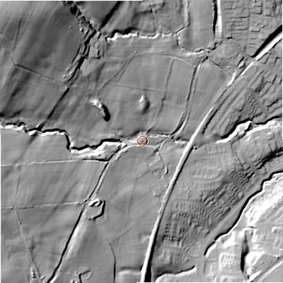 Shaded relief map of the ground around ST86RS, computed from Environment Agency LiDAR. The ground here sits at about 173 m above sea level and falls 63 m across the surrounding 800 m. Surface water reaching this point runs off ground lying to the north-west, 46.1 m higher.