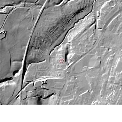 Shaded relief map of the ground around ST86SY, computed from Environment Agency LiDAR. The ground here sits at about 168 m above sea level and falls 33 m across the surrounding 800 m. Surface water reaching this point runs off ground lying to the south-east, 2.9 m higher.