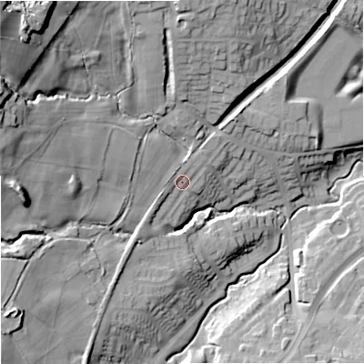 Shaded relief map of the ground around ST86TZ, computed from Environment Agency LiDAR. The ground here sits at about 166 m above sea level and falls 50 m across the surrounding 800 m. Surface water reaching this point runs off ground lying to the west-north-west, 24.3 m higher.