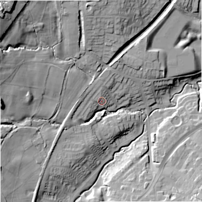 Shaded relief map of the ground around ST86UE, computed from Environment Agency LiDAR. The ground here sits at about 164 m above sea level and falls 46 m across the surrounding 800 m. Surface water reaching this point runs off ground lying to the west, 23.9 m higher.