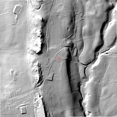 Shaded relief map of the ground around ST87NP, computed from Environment Agency LiDAR. The ground here sits at about 260 m above sea level and falls 50 m across the surrounding 800 m. Surface water reaching this point runs off ground lying to the north-west, 0.9 m higher.