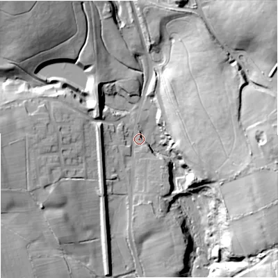 Shaded relief map of the ground around ST87QD, computed from Environment Agency LiDAR. The ground here sits at about 170 m above sea level and falls 43 m across the surrounding 800 m. Surface water reaching this point runs off ground lying to the west, 11.6 m higher.