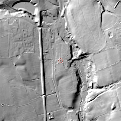 Shaded relief map of the ground around ST87QQ, computed from Environment Agency LiDAR. The ground here sits at about 173 m above sea level and falls 45 m across the surrounding 800 m. Surface water reaching this point runs off ground lying to the south-south-east, 1.3 m higher.