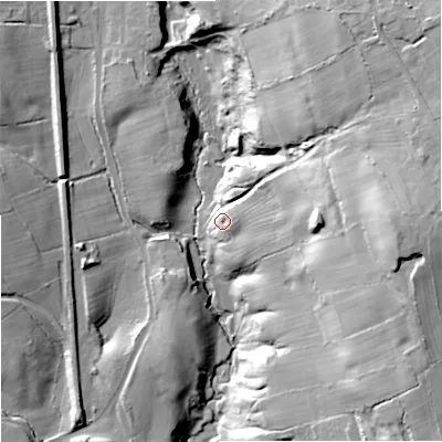 Shaded relief map of the ground around ST87QR, computed from Environment Agency LiDAR. The ground here sits at about 170 m above sea level and falls 56 m across the surrounding 800 m. Surface water reaching this point runs off ground lying to the east, 46.8 m higher.